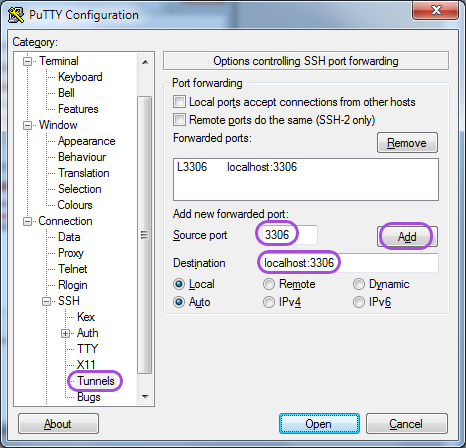 Настройка SSH-туннеля в PuTTY